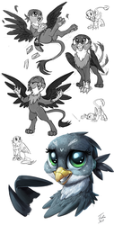 Size: 900x1769 | Tagged: safe, artist:tsitra360, gabby, griffon, g4, the fault in our cutie marks, bag, behaving like a cat, bust, cute, doodle, envelope, eyes closed, female, gabbybetes, griffons doing cat things, laser pointer, lineart, monochrome, open mouth, signature, sitting, smiling, solo, tail wag