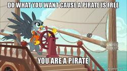 Size: 800x450 | Tagged: safe, edit, edited screencap, screencap, gabby, griffon, g4, the fault in our cutie marks, caption, female, gabby's shanty, image macro, lazytown, makeameme.org, meme, pirate, ship, solo, you are a pirate