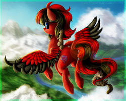 Size: 1024x819 | Tagged: safe, artist:aschenstern, oc, oc only, ferret, butt, cloud, commission, flying, forest, holding on, mountain, pet, plot, river, sky, smiling, solo, underhoof