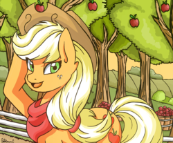 Size: 2607x2160 | Tagged: safe, artist:ciderpunk, derpibooru exclusive, applejack, g4, apple tree, bandana, clothes, female, high res, solo, sunset, sweet apple acres, tree