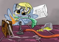 Size: 2000x1422 | Tagged: safe, artist:battyboopers, artist:staremastershy, derpy hooves, pegasus, pony, g4, bunsen burner, female, fire, glasses, mare, mouth hold, solo, spread wings, test tube, this will end in explosions