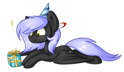 Size: 1024x600 | Tagged: safe, artist:despotshy, oc, oc only, oc:cloudy night, hat, party hat, present, simple background, solo, transparent background