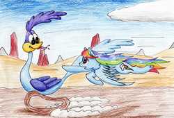 Size: 3347x2279 | Tagged: safe, artist:40kponyguy, derpibooru exclusive, rainbow dash, bird, pegasus, pony, g4, crossover, female, flying, gotta go fast, high res, looney tunes, male, mare, road runner, traditional art