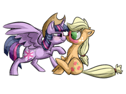 Size: 800x600 | Tagged: safe, artist:sallindaemon, applejack, twilight sparkle, alicorn, pony, g4, accessory theft, applejack's hat, blushing, cowboy hat, female, hat, lesbian, mare, ship:twijack, shipping, twilight sparkle (alicorn)