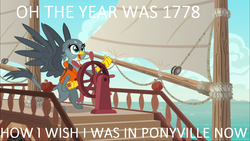 Size: 1280x720 | Tagged: safe, edit, edited screencap, screencap, gabby, griffon, g4, the fault in our cutie marks, barrett's privateers, caption, doomed, female, gabby's shanty, image macro, meme, ocean, pirate, sailing, sea shanty, ship, song reference, stan rogers, this will end in tears