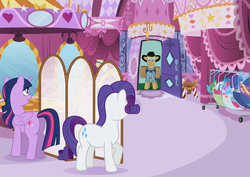 Size: 2528x1787 | Tagged: safe, artist:malte279, rarity, twilight sparkle, oc, oc:frank blanket, alicorn, pony, g4, carousel boutique, fanfic art, lessons in quirks, twilight sparkle (alicorn)