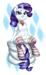 Size: 700x1126 | Tagged: safe, artist:pia-sama, rarity, pony, unicorn, semi-anthro, g4, belly button, blushing, clothes, featureless crotch, female, fire ruby, food, looking at you, marshmallow, sitting, socks, solo, stockings, striped socks