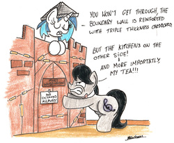 Size: 1853x1527 | Tagged: safe, artist:bobthedalek, dj pon-3, octavia melody, vinyl scratch, earth pony, pony, unicorn, g4, angry, box fort, duo, gritted teeth, octavia is not amused, traditional art, unamused