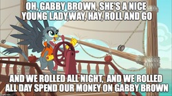 Size: 888x499 | Tagged: safe, edit, edited screencap, screencap, gabby, griffon, g4, the fault in our cutie marks, caption, female, gabby's shanty, image macro, meme, ship, solo