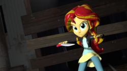 Size: 1920x1080 | Tagged: safe, artist:razethebeast, sunset shimmer, equestria girls, g4, 3d, clothes, female, leather jacket, pants, solo, source filmmaker, sword, weapon