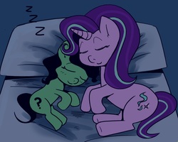 Size: 1055x846 | Tagged: safe, artist:alvh-omega, starlight glimmer, oc, oc:filly anon, earth pony, pony, unicorn, g4, anonymous, bed, cute, duo, female, filly, glimmerbetes, mare, sleeping, zzz