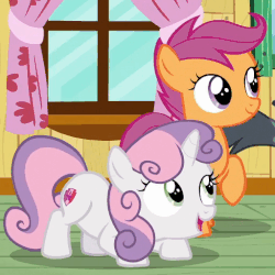 Size: 512x512 | Tagged: safe, screencap, gabby, scootaloo, sweetie belle, griffon, pony, unicorn, g4, the fault in our cutie marks, animated, behaving like a dog, butt shake, cute, cutie mark, diasweetes, female, filly, foal, gif, out of context, the cmc's cutie marks, trotting, trotting in place, twerking