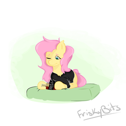 Size: 2000x2000 | Tagged: safe, artist:friskybits, fluttershy, g4, bed hair, female, high res, jack daniels, solo