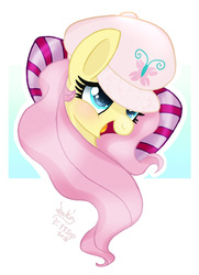 Size: 870x1200 | Tagged: safe, artist:joakaha, fluttershy, g4, blushing, cute, female, hat, open mouth, shyabetes, signature, solo