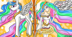 Size: 1024x531 | Tagged: safe, artist:n1colle97, princess celestia, human, g4, clothes, dress, horn, horned humanization, humanized, winged humanization
