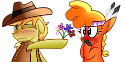 Size: 2000x1000 | Tagged: dead source, safe, artist:radek1212, braeburn, little strongheart, bison, buffalo, earth pony, pony, g4, adoraheart, blushing, cute, female, floppy ears, flower, hat, hoof hold, looking away, male, nervous, nose wrinkle, one eye closed, ship:braeheart, shipping, shy, simple background, stallion, straight, surprised, wavy mouth, white background, wide eyes, wink
