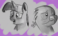 Size: 1280x797 | Tagged: safe, artist:itsthinking, gabby, twilight sparkle, alicorn, griffon, pony, g4, the fault in our cutie marks, bust, monochrome, portrait, twilight sparkle (alicorn)