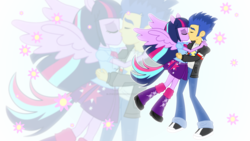 Size: 1600x900 | Tagged: safe, artist:jucamovi1992, flash sentry, twilight sparkle, equestria girls, g4, couple, duo, female, kissing, love, male, ponied up, ship:flashlight, shipping, straight, vector, zoom layer