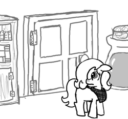 Size: 640x600 | Tagged: safe, artist:ficficponyfic, oc, oc only, oc:emerald jewel, earth pony, pony, colt quest, bandana, bookshelf, child, colt, cyoa, door, floppy ears, foal, frown, hair over one eye, male, monochrome, regret, shelf, shelves, solo, story included, worried