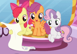 Size: 544x383 | Tagged: safe, screencap, apple bloom, scootaloo, sweetie belle, g4, the fault in our cutie marks, animated, blinking, cute, cutie mark, cutie mark crusaders, female, gif, loop, reversed, the cmc's cutie marks