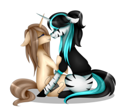 Size: 6890x6000 | Tagged: safe, artist:penkiepuu, oc, oc only, pony, unicorn, zebracorn, absurd resolution, duo, floppy ears, horn, oc x oc, shipping, unicorn oc, zebracon oc