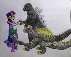 Size: 2545x2026 | Tagged: safe, artist:bozzerkazooers, spike, twilight sparkle, human, kaiju, g4, anguirus, crossover, godzilla, godzilla (series), high res, humanized, traditional art, wat