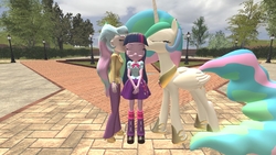 Size: 1360x768 | Tagged: safe, artist:mk513, princess celestia, principal celestia, twilight sparkle, human, pony, equestria girls, g4, 3d, blushing, cheek kiss, clothes, female, gmod, human ponidox, interspecies, kiss sandwich, kissing, lesbian, mare, self paradox, ship:twilestia, shipping, skirt, twilight sparkle (alicorn)