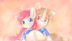 Size: 1920x1080 | Tagged: safe, artist:banzatou, oc, oc only, pony, clothes, duo, glasses, scarf, shared clothing, shared scarf