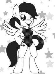 Size: 1500x2000 | Tagged: safe, artist:ribbonbell, oc, oc only, pegasus, semi-anthro, bipedal, black and white, clothes, grayscale, monochrome, one eye closed, one-piece swimsuit, solo, swimsuit, tongue out, wink