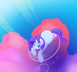 Size: 4000x3713 | Tagged: safe, artist:b-epon, rarity, g4, art trade, bubble, coral, cute, female, looking at you, looking up, ocean, solo, underwater