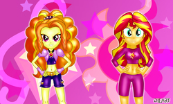 Size: 5000x3000 | Tagged: safe, artist:dieart77, adagio dazzle, sunset shimmer, equestria girls, g4, belly button, clothes, commission, cute, duo, high res, looking at you, midriff, pajamas, shimmerbetes, smiling