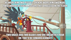 Size: 1920x1080 | Tagged: safe, edit, edited screencap, screencap, gabby, griffon, g4, the fault in our cutie marks, assassin's creed, caption, edward kenway, female, gabby's shanty, image macro, meme, ship, solo