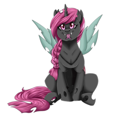 Size: 1180x1104 | Tagged: safe, artist:crecious, oc, oc only, oc:esalen, changeling, cute, female, pink changeling, sitting, smiling, solo, tongue out