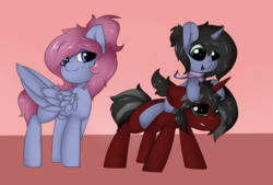 Size: 2914x1975 | Tagged: source needed, useless source url, safe, oc, oc only, oc:azure flow, oc:phantom, family, foal, male, red and black oc, shipping, straight