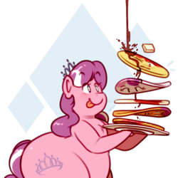 Size: 500x500 | Tagged: safe, artist:secretgoombaman12345, apple bloom, babs seed, diamond tiara, scootaloo, sweetie belle, twist, earth pony, food pony, original species, pony, ask chubby diamond, g4, chubby diamond, cutie mark crusaders, fat, flattened, food, food transformation, implied cannibalism, implied vore, obese, pancakes, tongue out, transformation