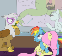 Size: 1050x945 | Tagged: safe, artist:halflingpony, fluttershy, gilda, rainbow dash, frog, griffon, pegasus, pony, g4, butt, classroom, comforting, hug, plot, predation, predator, teacher, vore