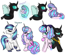 Size: 1024x862 | Tagged: safe, artist:northlights8, princess flurry heart, shining armor, thorax, changeling, pony, g4, baseball cap, blushing, bubblegum, colored pupils, ear piercing, earring, eyes closed, fangs, female, food, gum, hat, holeless, jewelry, male, mare, older, older flurry heart, piercing, raised hoof, ship:flurrax, shipping, simple background, smiling, straight, sunglasses, white background