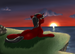 Size: 3089x2235 | Tagged: safe, oc, oc only, oc:phantom, calm, cliff, commission, high res, ocean, red and black oc, sunset