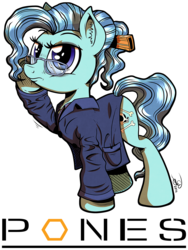 Size: 2875x3822 | Tagged: safe, artist:gray--day, petunia paleo, g4, the fault in our cutie marks, bones (tv show), clothes, coat, crossover, glasses, high res, raised hoof, solo, underhoof, wavy mouth