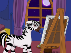 Size: 1024x768 | Tagged: safe, artist:soanos, oc, oc only, zebra, canvas, moon, mouth hold, night, paintbrush, painting, solo, tired