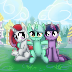 Size: 800x800 | Tagged: dead source, safe, artist:versimer, lyra heartstrings, moondancer, twilight sparkle, pony, unicorn, fanfic:background pony, g4, canterlot, fanfic, fanfic art, filly, hug, smiling, trio, younger