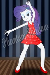 Size: 730x1095 | Tagged: safe, artist:phantomshadow051, rarity, equestria girls, g4, dancing, dancity, female, high heels, obtrusive watermark, red dress, solo, watermark