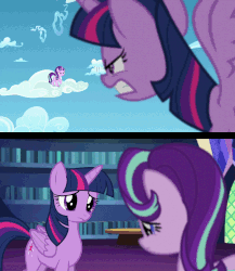 Size: 768x886 | Tagged: safe, edit, edited screencap, screencap, starlight glimmer, twilight sparkle, alicorn, pony, unicorn, g4, the crystalling, the cutie re-mark, :c, angry, animated, blurry, book, cloud, cloudsdale, comparison, crouching, cute, female, fight, flying, gif, glare, glimmerbetes, gritted teeth, haiku, ladder, library, magic, mare, out of focus, sad, spread wings, table, twiabetes, twilight sparkle (alicorn), twilight's castle, wings