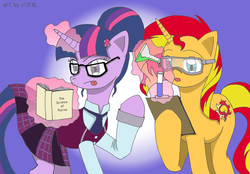 Size: 3282x2284 | Tagged: safe, artist:bakumaru01, sci-twi, sunset shimmer, twilight sparkle, pony, unicorn, equestria girls, g4, equestria girls ponified, high res, ponified, unicorn sci-twi