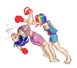 Size: 449x393 | Tagged: safe, artist:nottex, rainbow dash, twilight sparkle, human, g4, boxing, boxing gloves, breasts, cropped, delicious flat chest, humanized, knock out, rainbow flat