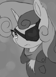 Size: 583x801 | Tagged: safe, artist:jonathan the awesome, derpibooru exclusive, sweetie belle, g4, chest fluff, clothes, eyepatch, female, grayscale, jacket, monochrome, scarf, solo