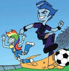 Size: 444x458 | Tagged: safe, idw, rainbow dash, equestria girls, g4, spoiler:comicannual2013, bleachers, cropped, duo, football, grin, open mouth, outdoors, smiling