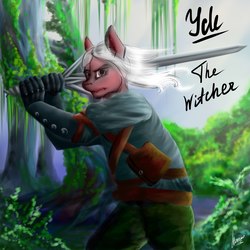Size: 1920x1920 | Tagged: safe, artist:stirren, oc, oc only, anthro, clothes, commission, cosplay, costume, fight, looking at you, male, pose, solo, stallion, standing, sword, the witcher, weapon, your character here