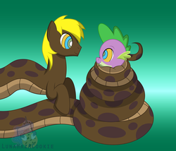 Size: 7000x6000 | Tagged: safe, artist:lunahazacookie, spike, oc, oc:mesme rize, dragon, lamia, original species, pony, snake pony, g4, abstract background, absurd resolution, coils, cute, hypnosis, kaa eyes, male, mind control, stallion, stallion oc, tail, tail wrap, wrapped up