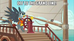 Size: 800x450 | Tagged: safe, edit, edited screencap, screencap, gabby, griffon, g4, the fault in our cutie marks, caption, female, gabby's shanty, image macro, makeameme.org, meme, one piece, ship, solo